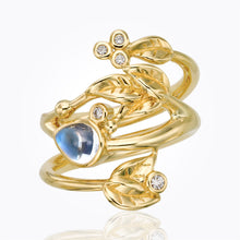 18K Leaf Ring with royal blue moonstone and diamond